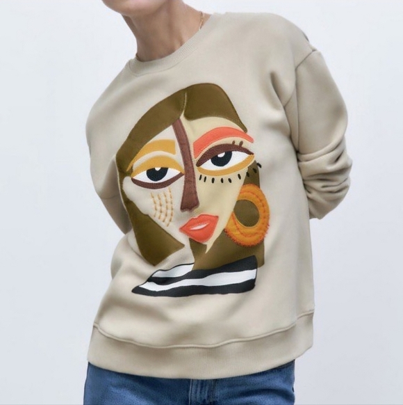 Zara Tops - NEW Zara Sweatshirt Size S Beige Eclectic Streetwear Contemporary Casual